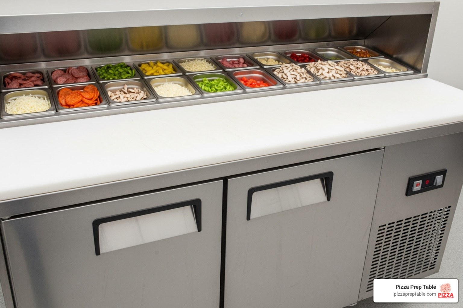 Key components of a pizza prep table with labels pointing to the refrigerated rail, cutting board, and refrigerated base - used pizza prep table for sale