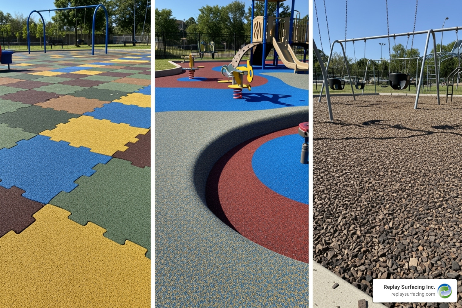 collage of different soft flooring types like rubber tiles, poured rubber, and rubber mulch - play area soft flooring