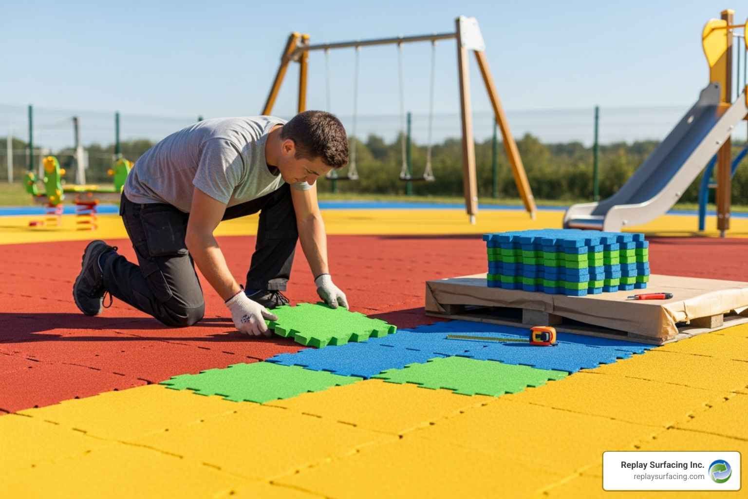 interlocking rubber tiles being installed by a person - play area soft flooring