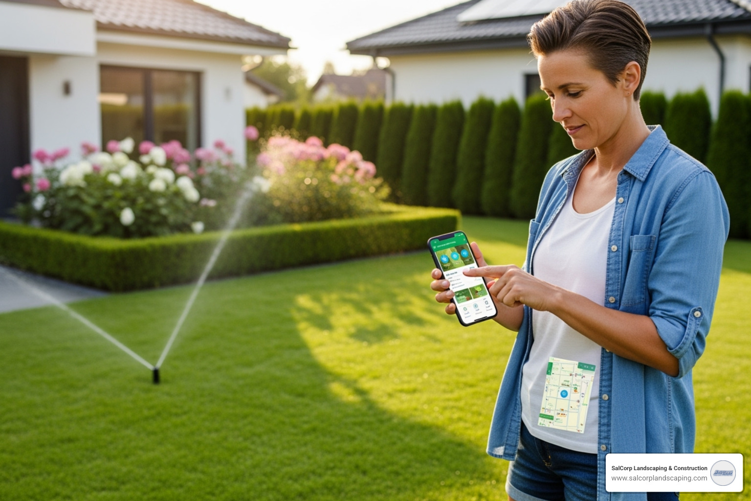 A homeowner adjusting their sprinkler system from a smartphone app - sprinklers companies near me A homeowner adjusting their sprinkler system from a smartphone app - sprinklers companies near me