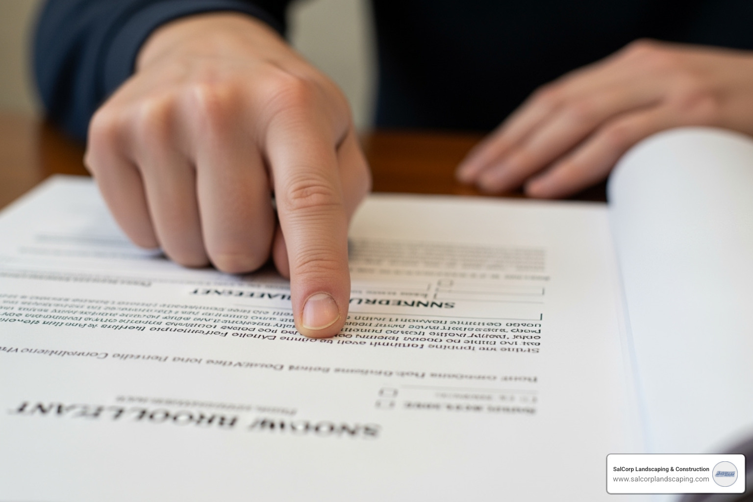 Person pointing to a specific clause in a snow removal contract document - Snow Contracts