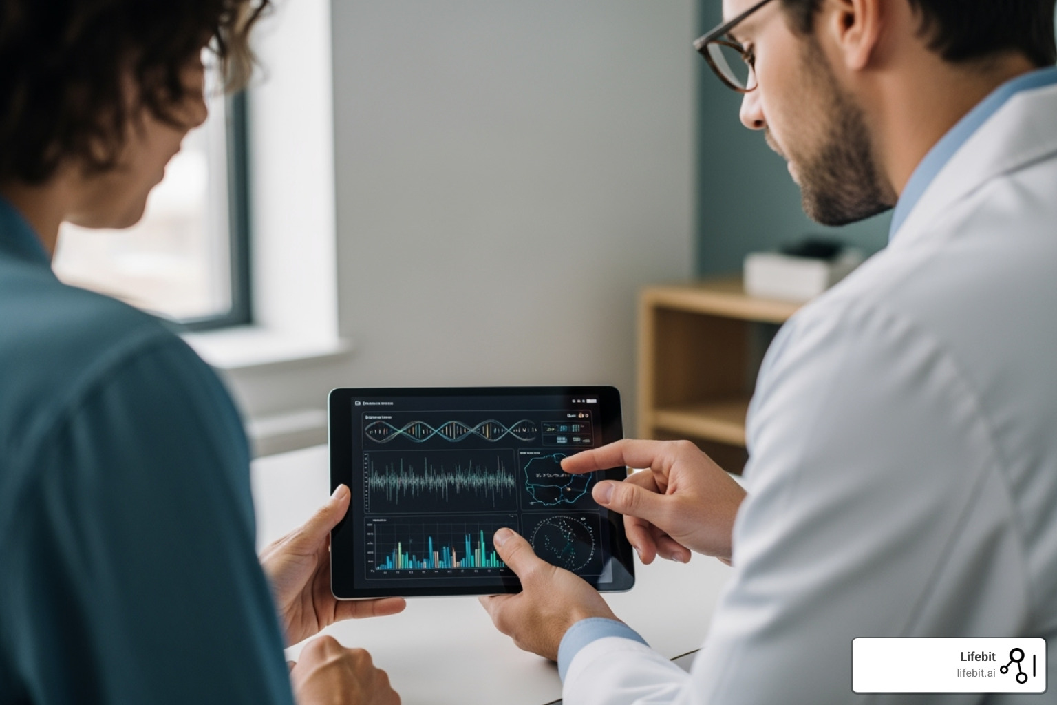 A doctor and patient looking at a tablet with genomic data - AI for Genomics