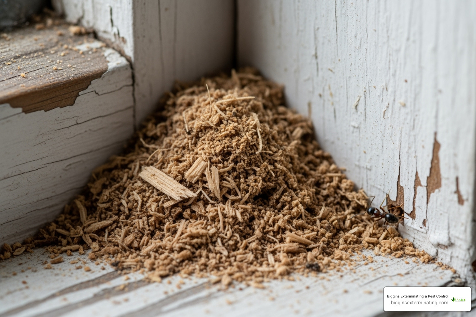sawdust-like frass near a wooden windowsill - best exterminator for carpenter ants