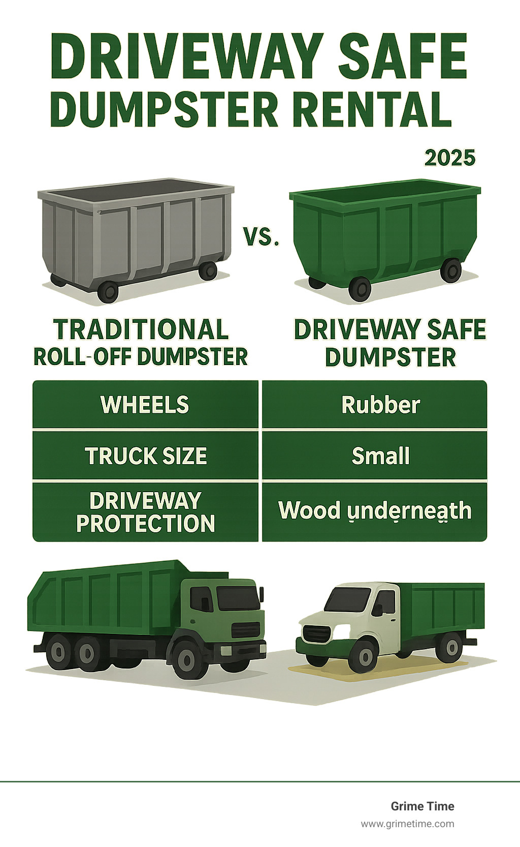 Infographic comparing traditional roll-off dumpsters with driveway safe dumpsters, highlighting differences in wheels, truck size, and driveway protection - Driveway safe dumpster rental infographic 