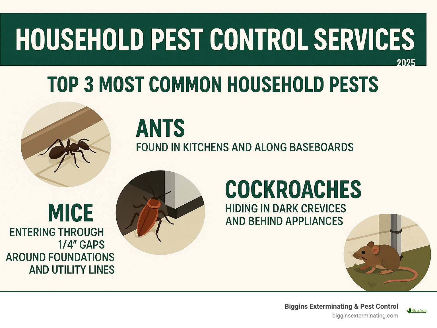 Infographic showing the top 3 most common household pests: ants found in kitchens and along baseboards, cockroaches hiding in dark crevices and behind appliances, and mice entering through gaps as small as 1/4 inch around foundations and utility lines - household pest control services infographic 