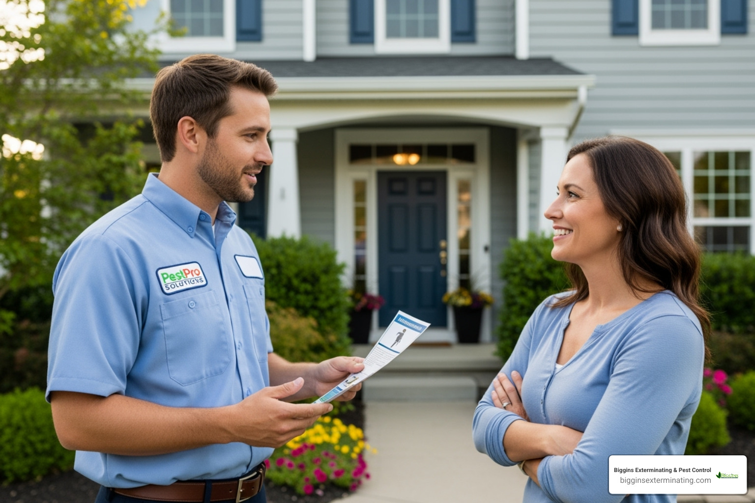 friendly exterminator talking with a homeowner - best exterminator for carpenter ants