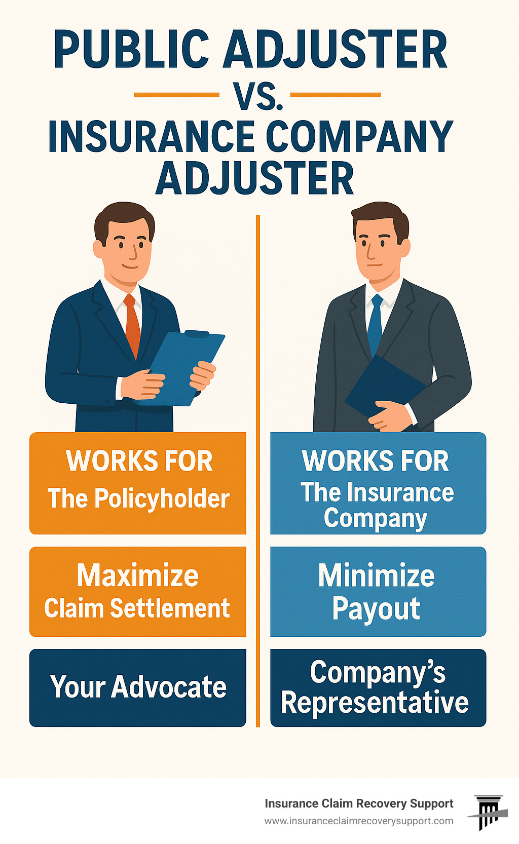 Infographic showing the key differences between a Public Adjuster (who works for the policyholder to maximize claims) and an Insurance Company Adjuster (who works for the insurance company to minimize payouts), highlighting their roles, goals, and allegiances. - Austin public adjuster infographic 