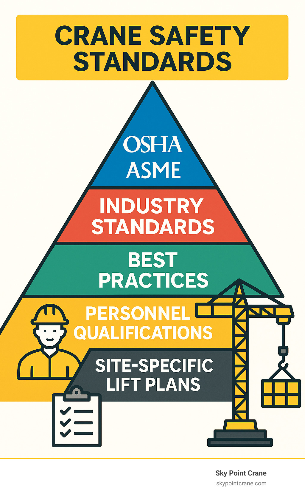 Infographic detailing the hierarchy of crane safety standards, showing regulatory bodies like OSHA and ASME at the top, followed by specific industry standards, operational best practices, personnel qualifications, and finally site-specific lift plans, all interconnected to ensure comprehensive safety. - crane safety standards infographic 