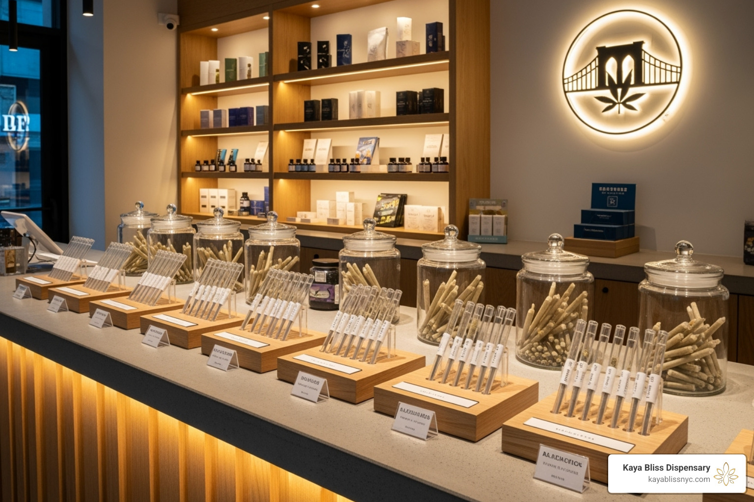 A stylish dispensary counter in Brooklyn with pre-rolls displayed - high quality pre rolls