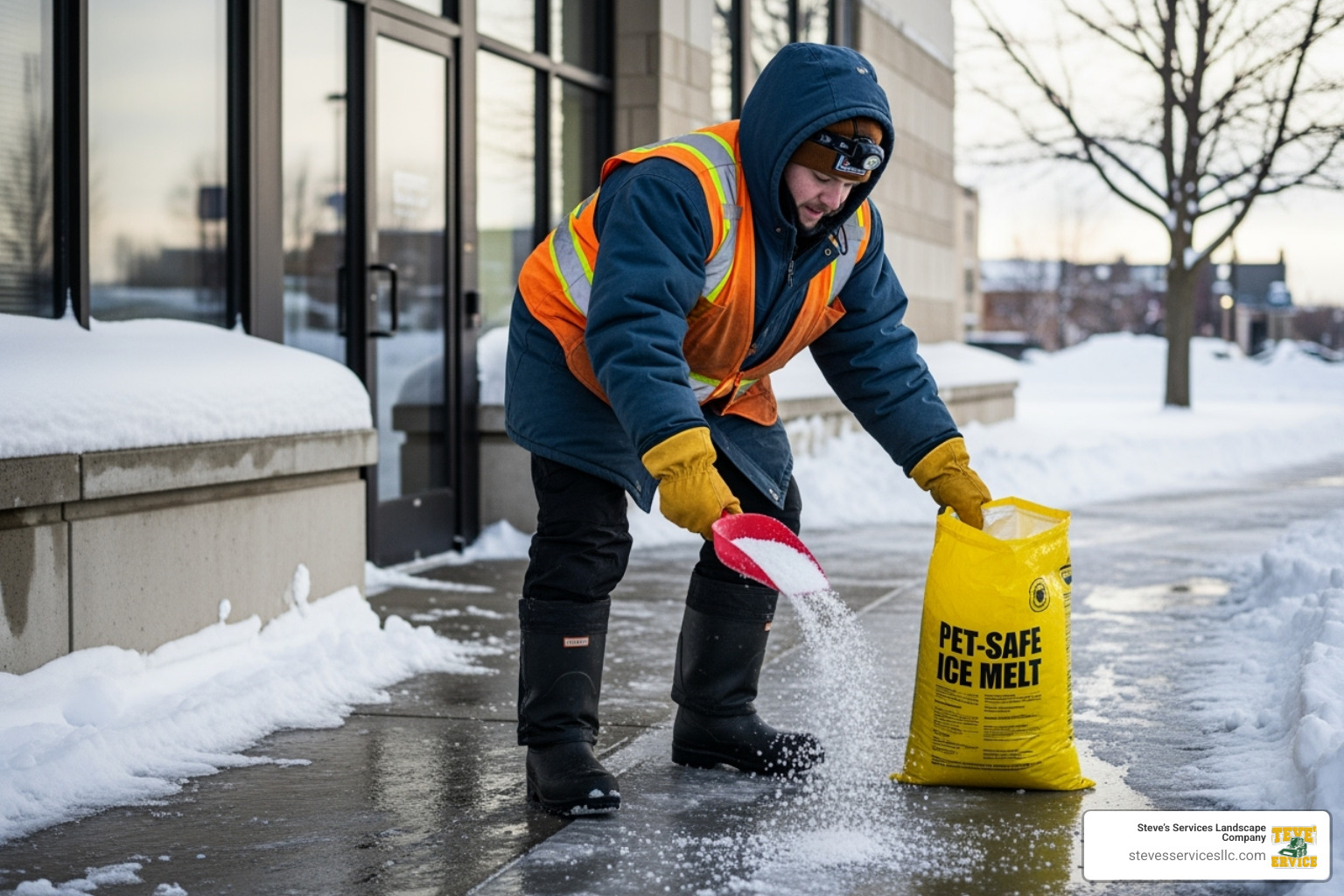 team member applying pet-safe ice melt to a walkway - local snow removal services