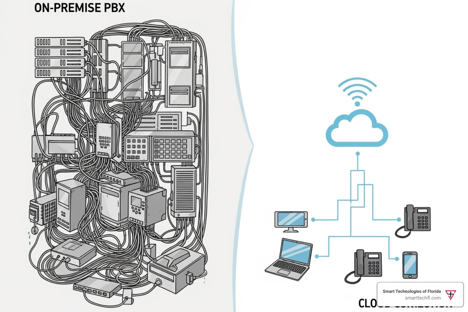 illustrating a complex on-premise PBX setup versus a simple cloud connection diagram - cloud communication platform