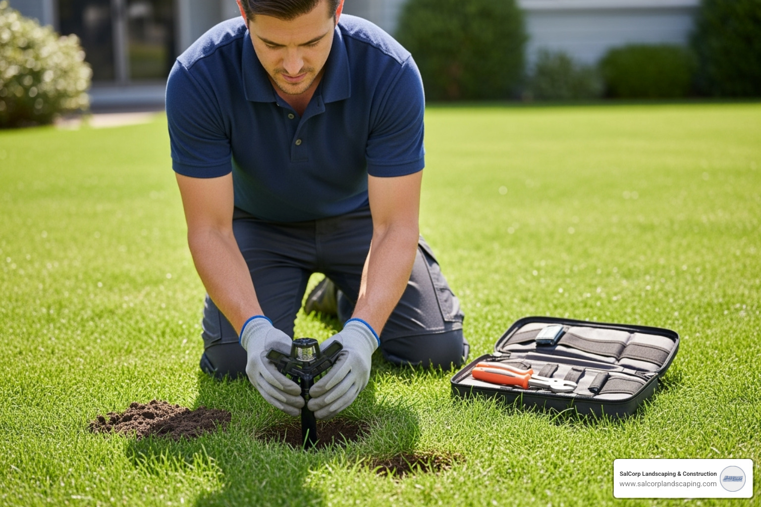A technician installing a sprinkler head, showing the minimal disruption to the lawn - sprinklers companies near me A technician installing a sprinkler head, showing the minimal disruption to the lawn - sprinklers companies near me