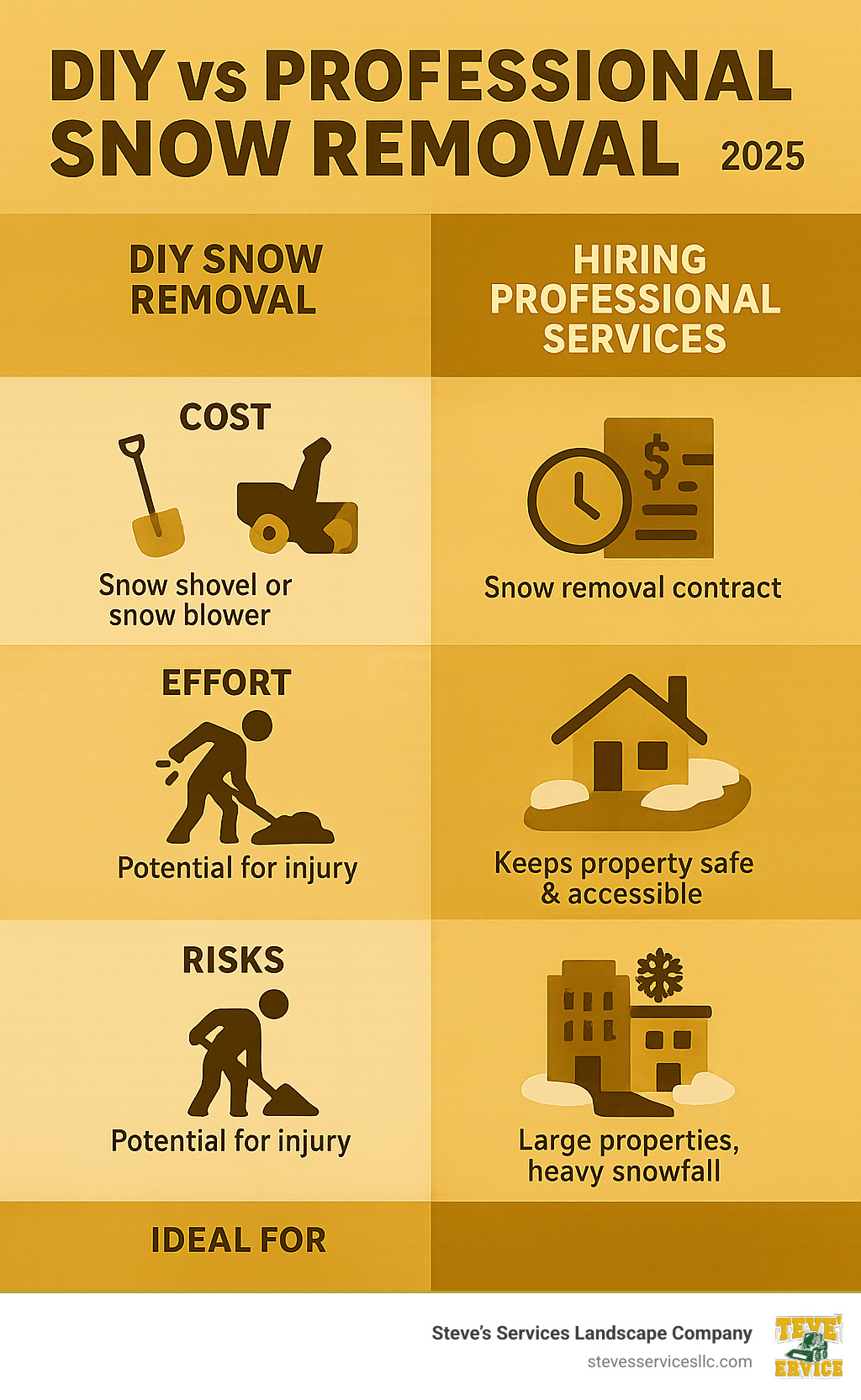 Infographic comparing DIY snow removal with professional snow removal services, highlighting costs, effort, risks, benefits, and ideal scenarios for each - local snow removal services infographic 