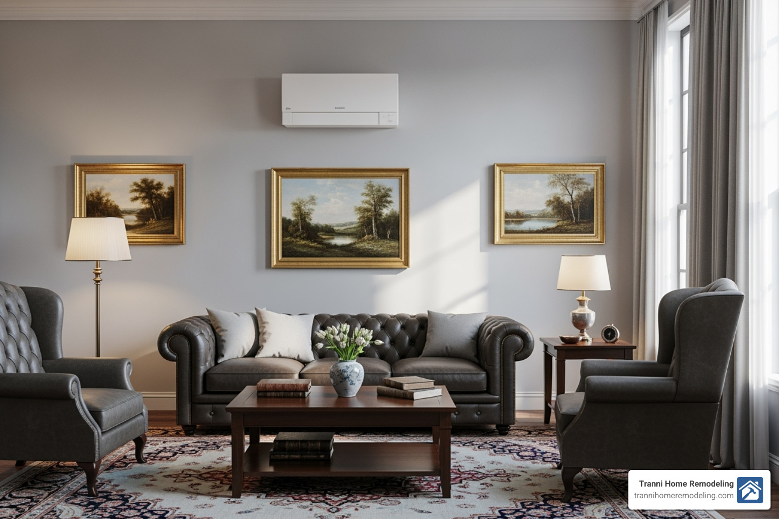 Image of a discreetly mounted ductless mini-split unit in a tastefully decorated room - HVAC installation for older homes