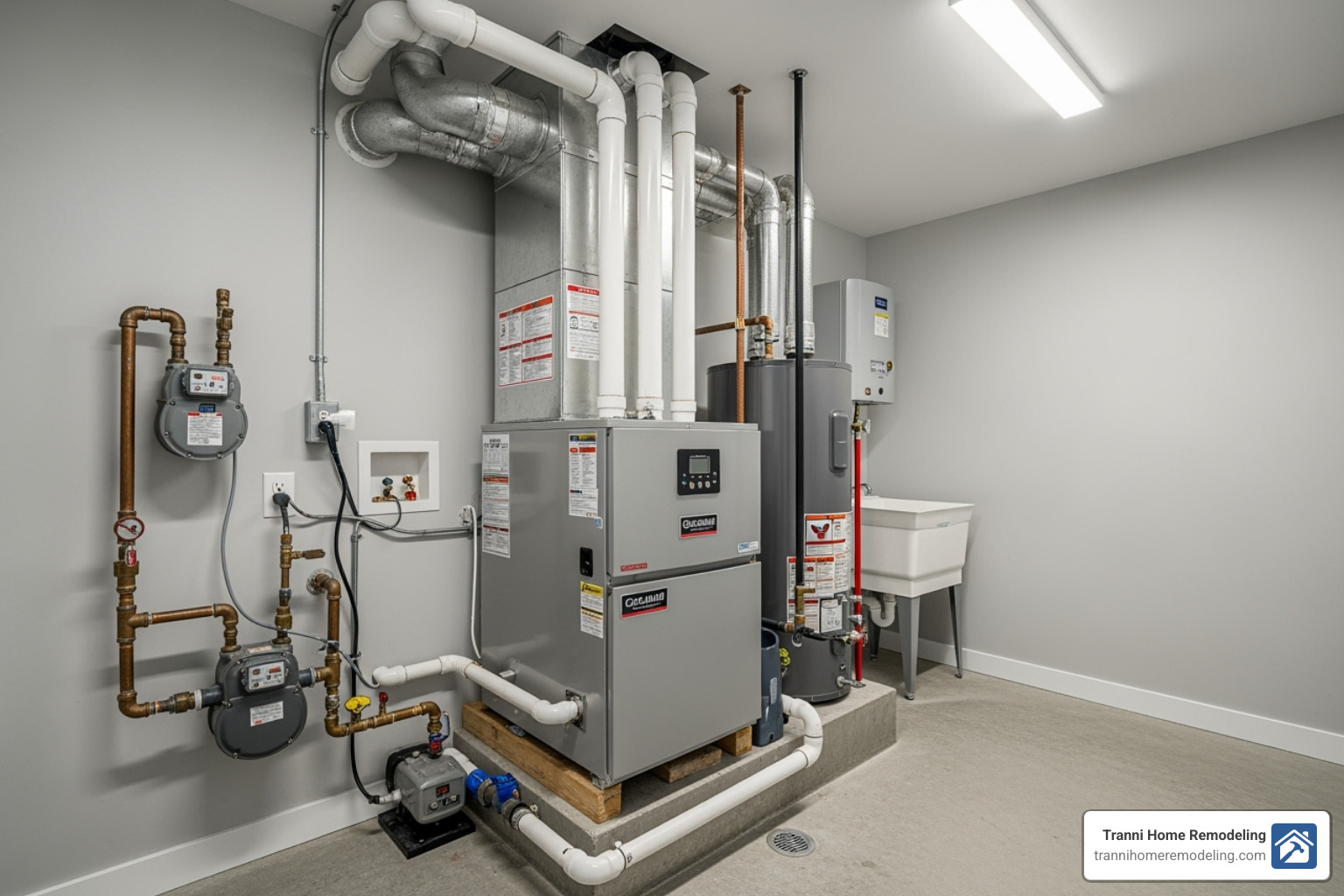 Image of a modern, compact high-efficiency furnace or boiler - HVAC installation for older homes