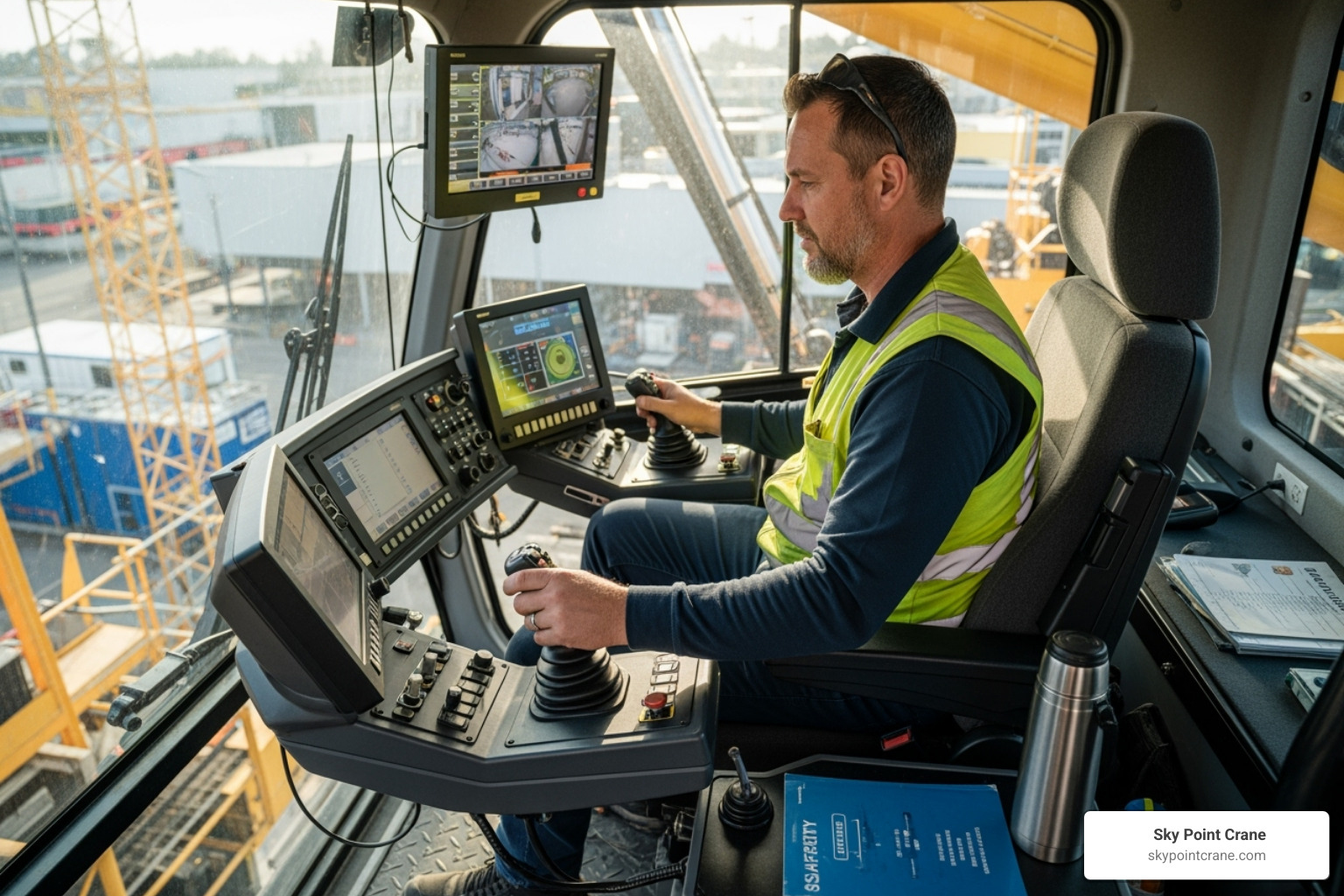 certified crane operator in the cab, performing a pre-lift check of the controls - crane safety standards