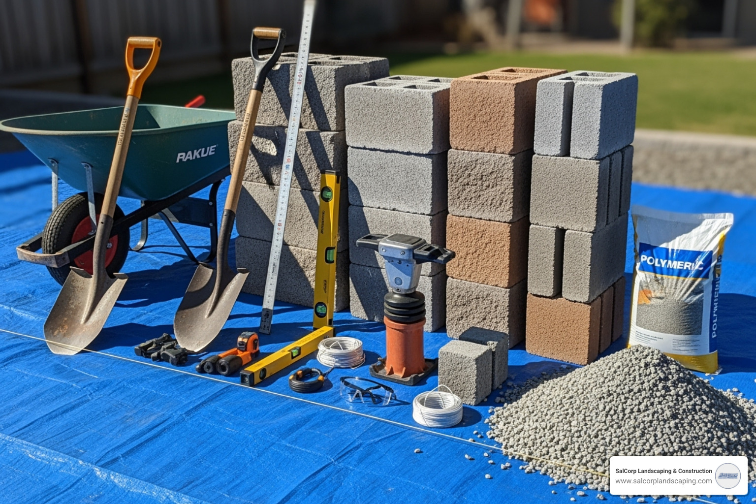 Essential tools and materials for building a retaining wall laid out on a tarp - building a retaining wall with breeze blocks