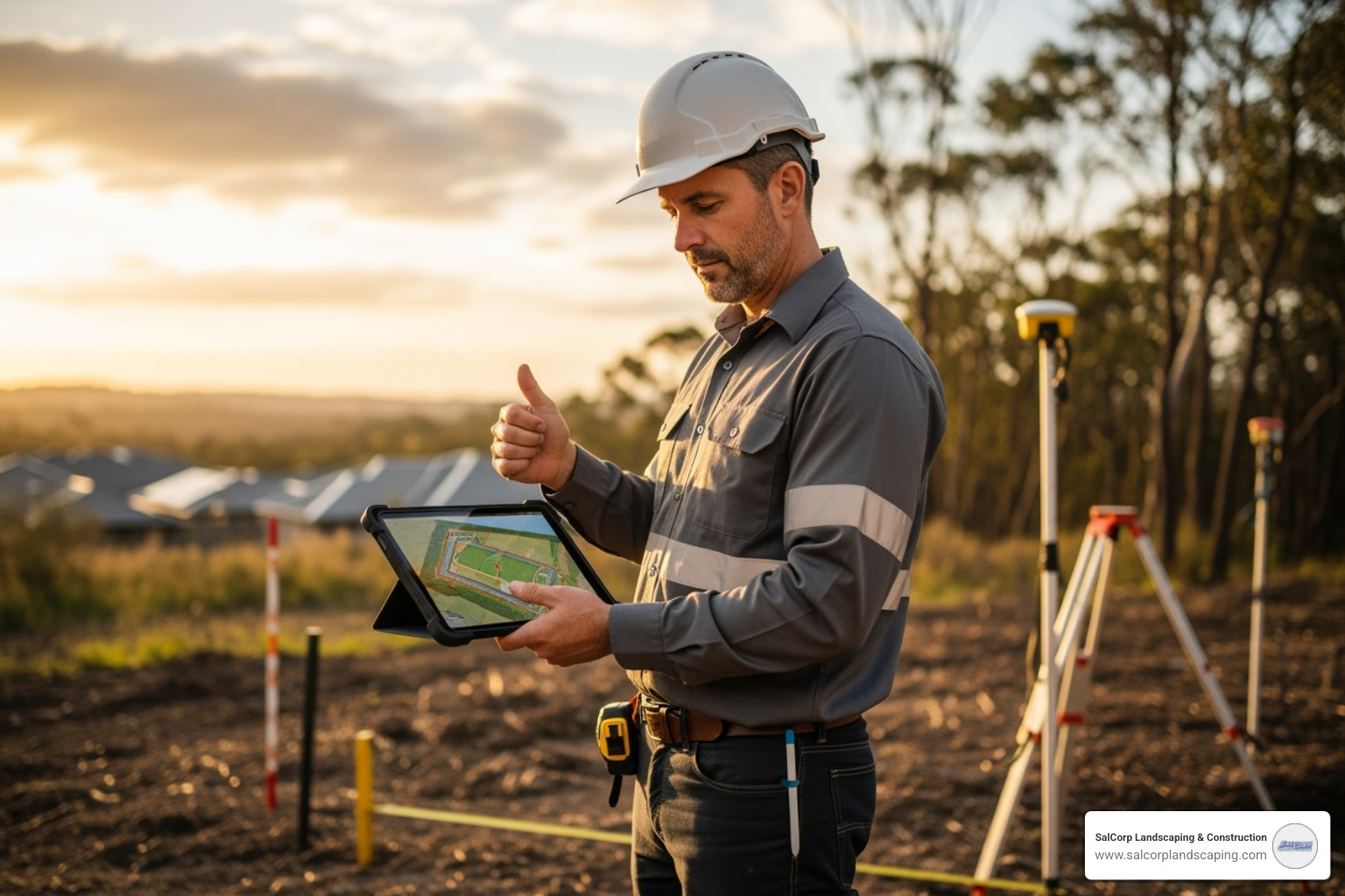 Contractor using a tablet to measure a property for a bid - Snow Contracts