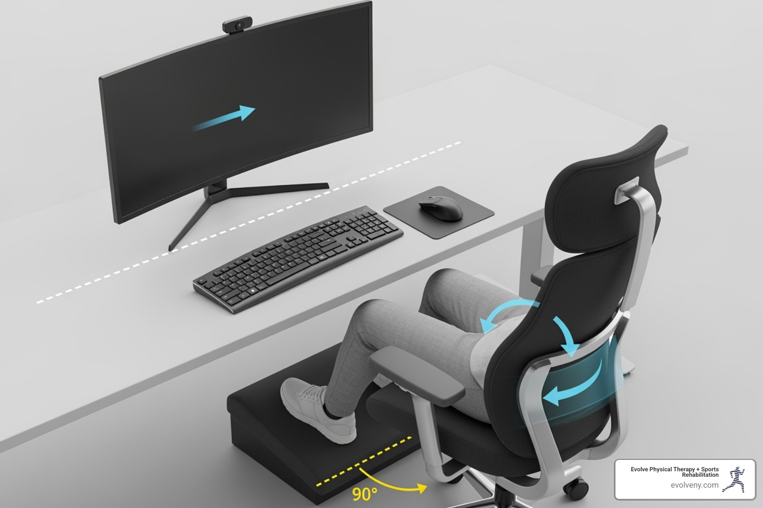 A perfectly set up ergonomic workstation with labels pointing to key adjustments - bad office posture