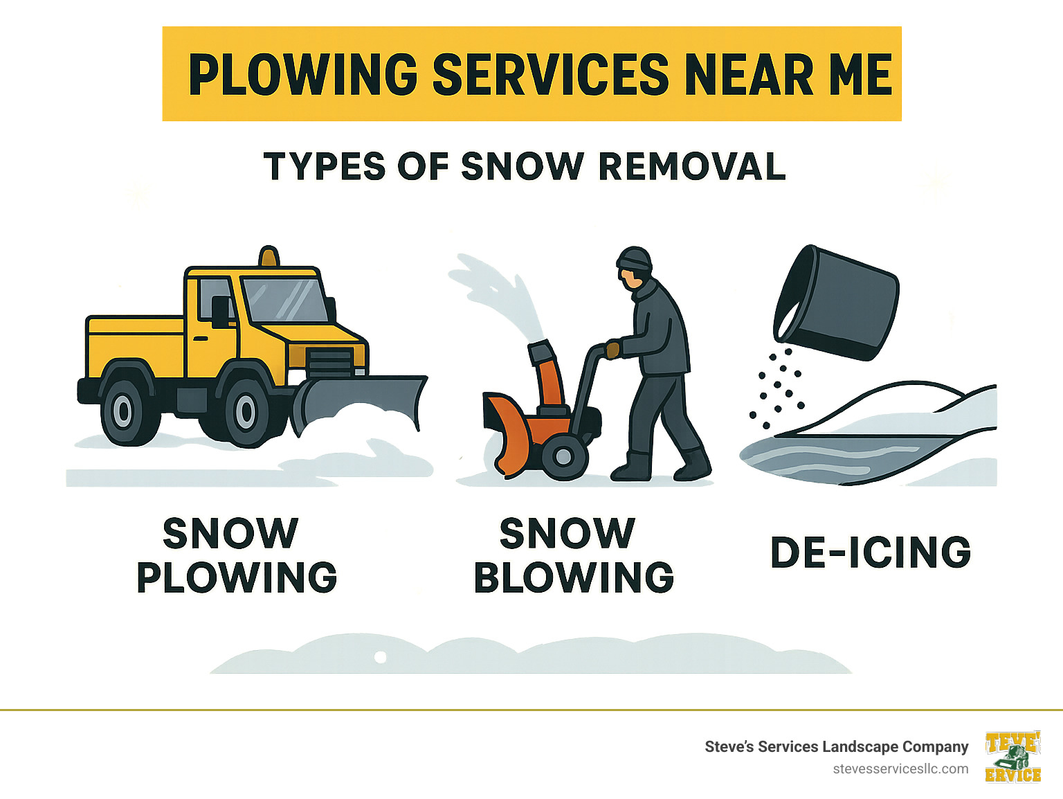 Infographic explaining the key differences between snow plowing (using heavy equipment to push snow), snow blowing (using a machine to throw snow to the side), and de-icing (applying salt or chemicals to melt ice and prevent refreezing). - plowing services near me infographic 