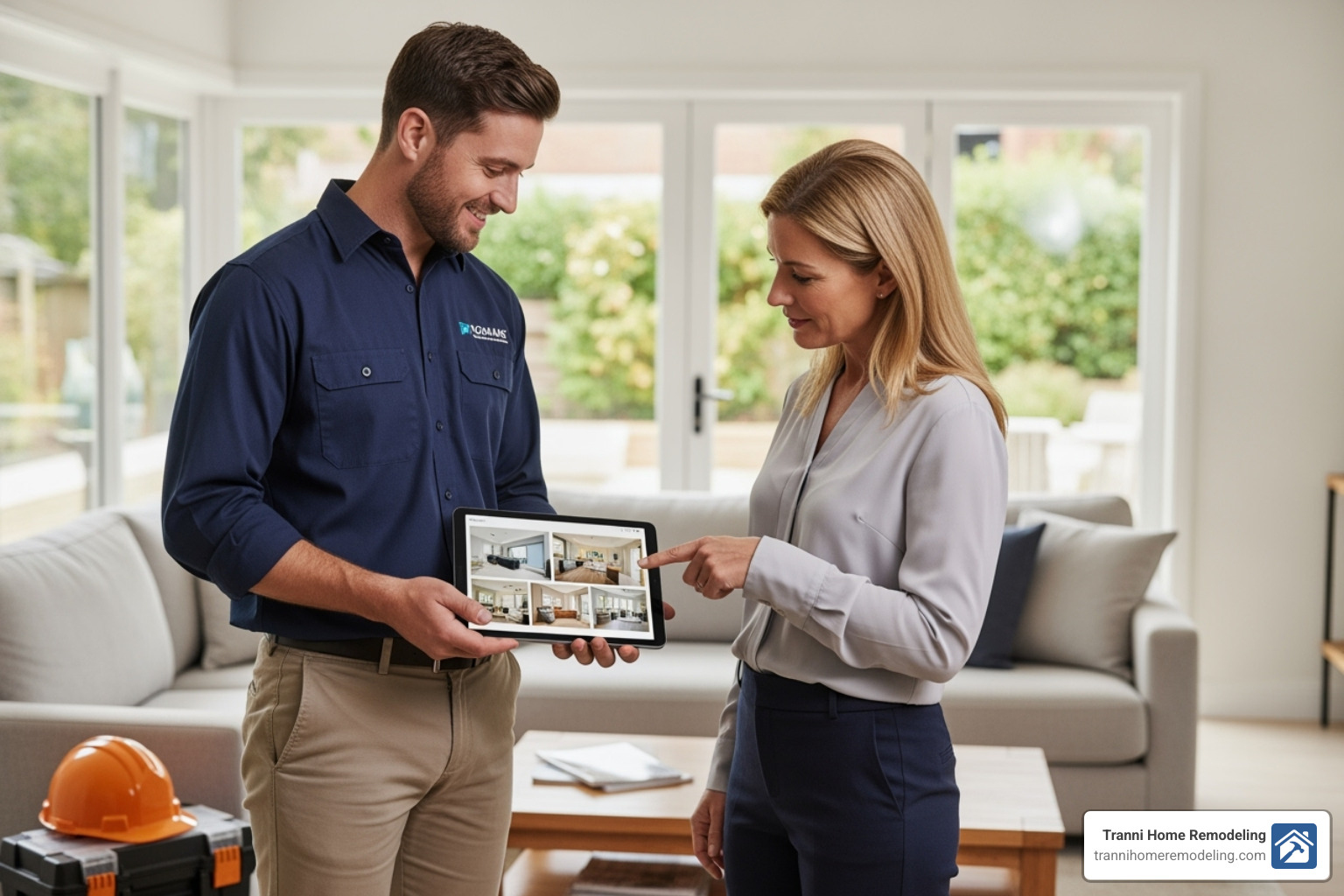 contractor showing a portfolio to a client - kitchen remodeling services near me