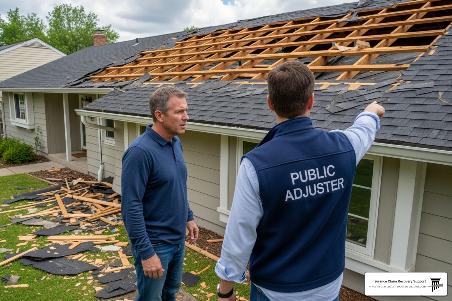 Public adjuster inspecting property damage with a client - Austin public adjuster