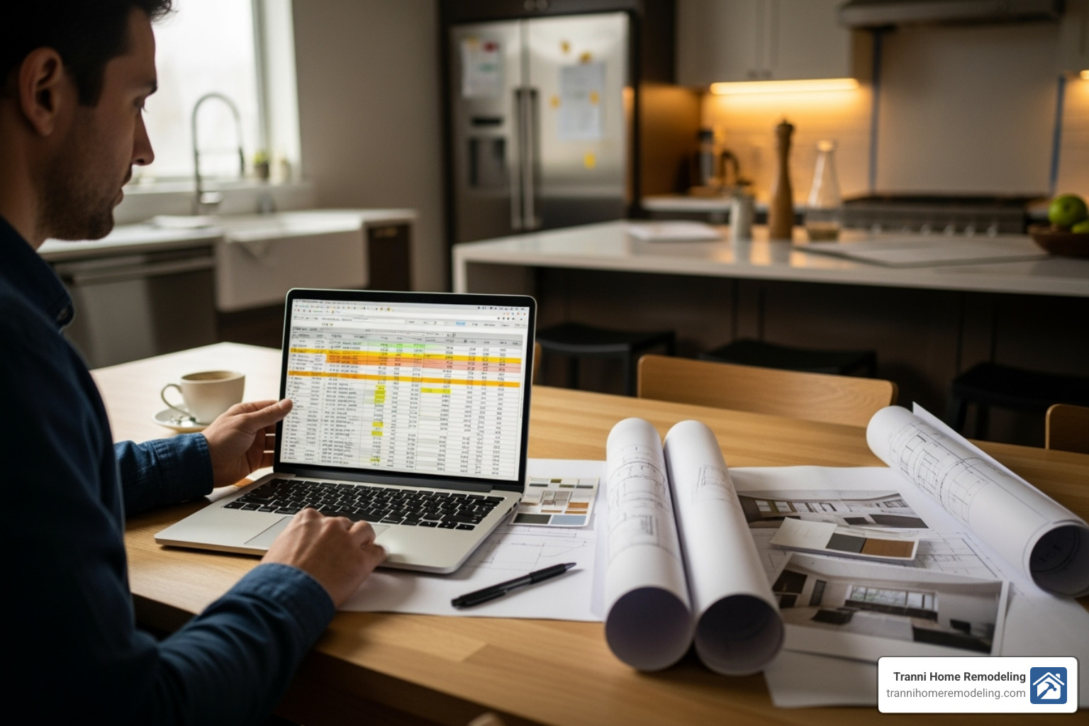 homeowner reviewing a budget spreadsheet for a kitchen project - kitchen remodeling services near me