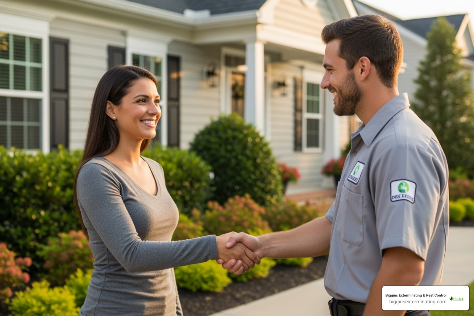 homeowner smiling and shaking hands with a pest control technician - household pest control services