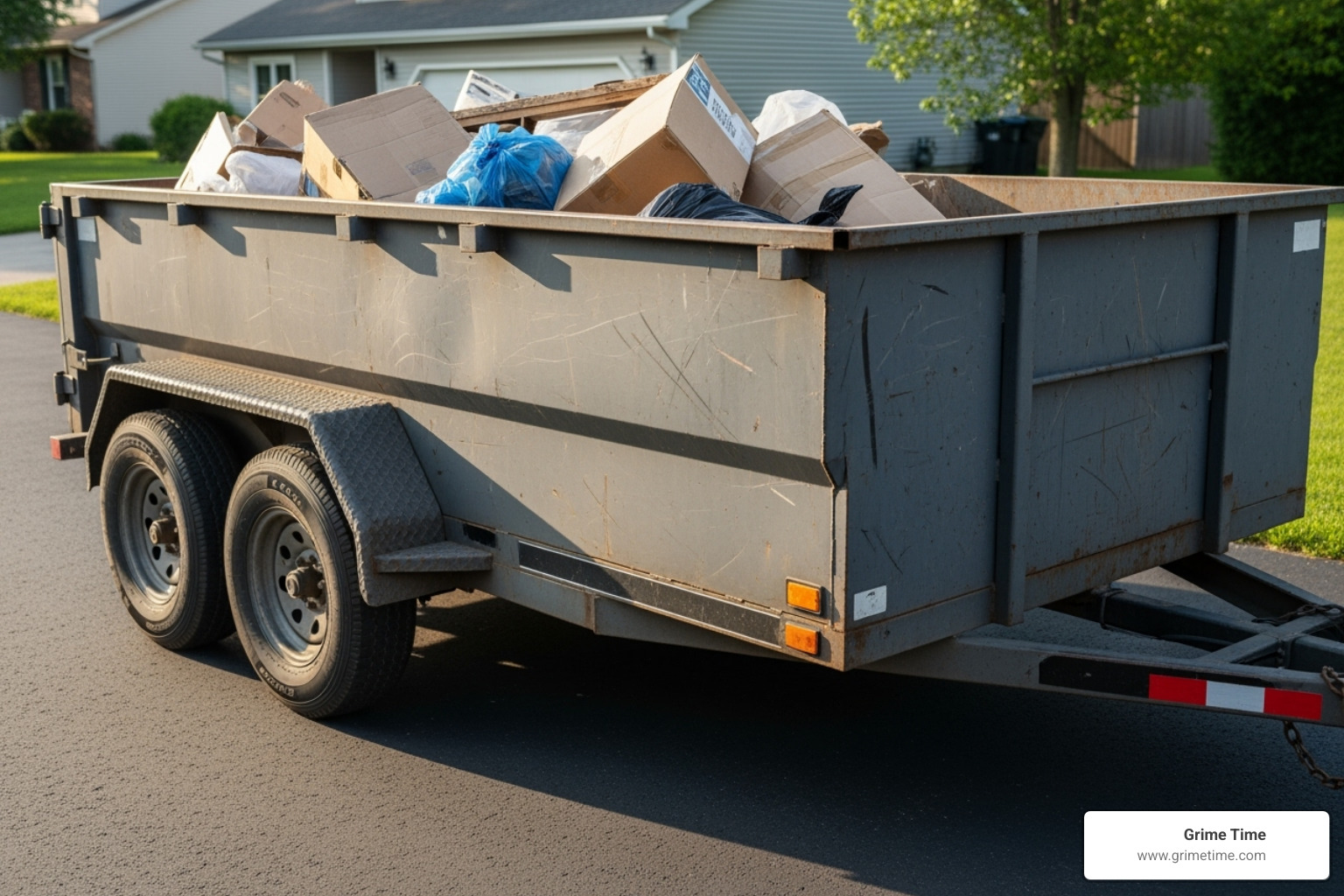 rubber wheels on a dumpster trailer - Driveway safe dumpster rental