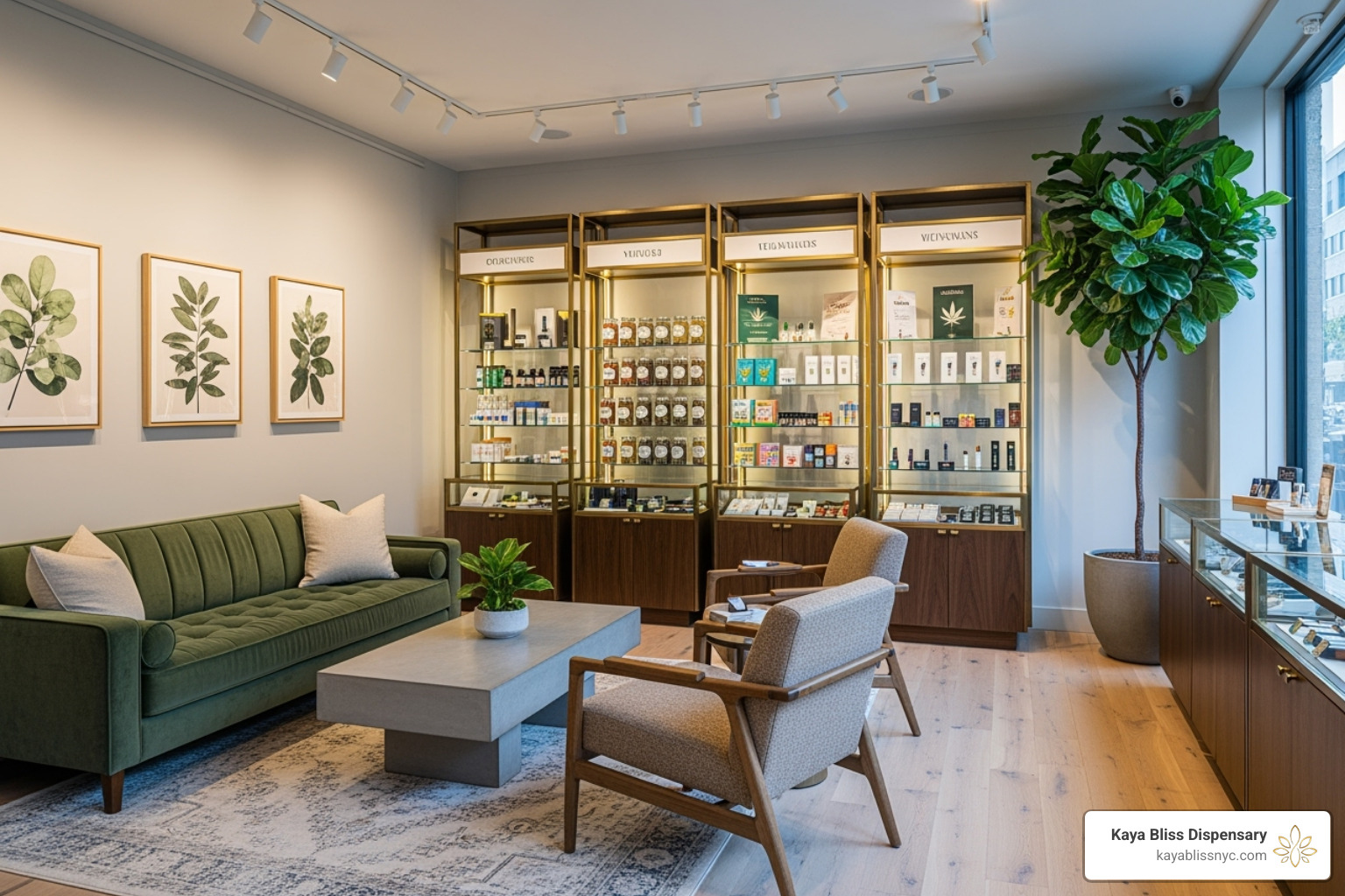a welcoming, art-filled dispensary interior reflecting the Kaya Bliss brand - bay ridge weed delivery