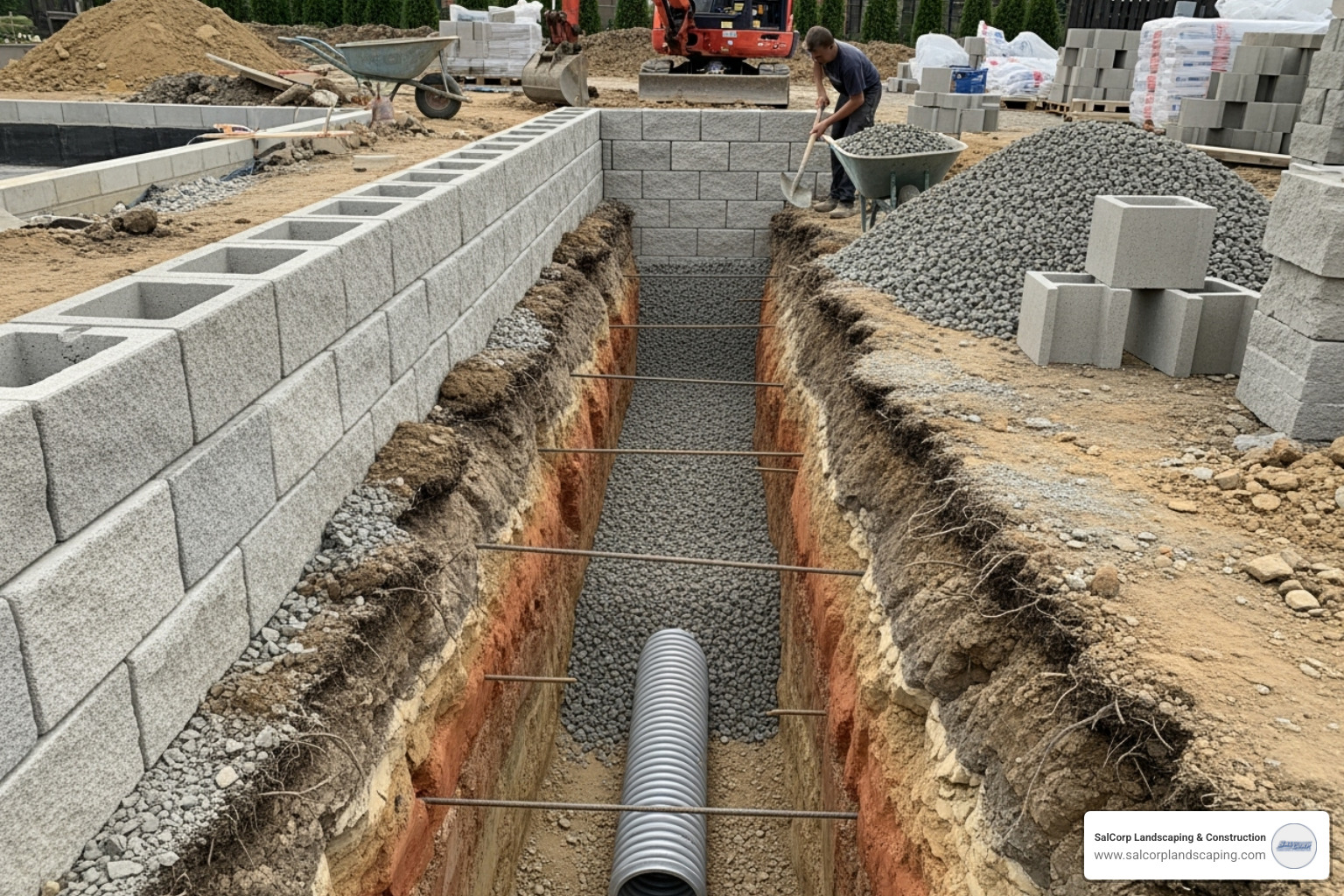 Installation of a perforated drainage pipe and gravel backfill behind the wall - building a retaining wall with breeze blocks