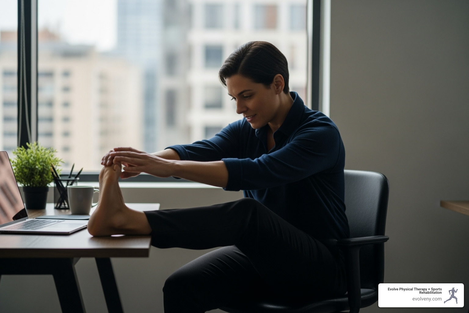 person doing a seated figure-4 stretch at an office desk - hip external rotation mobility