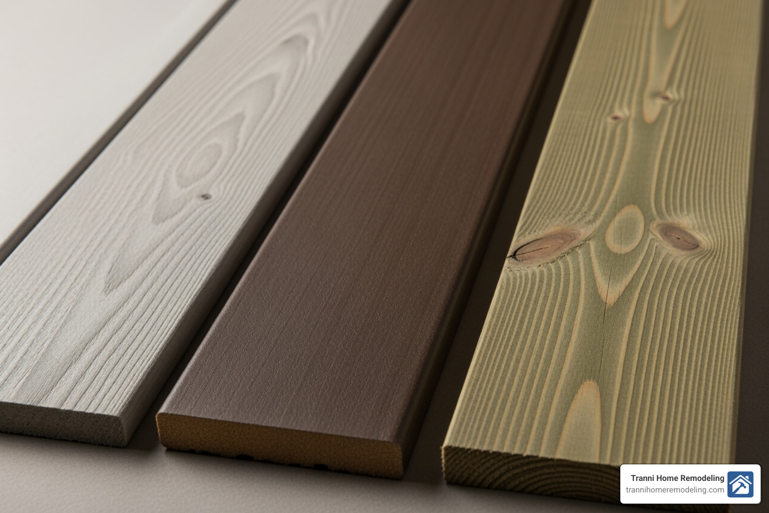 various decking material samples like composite, PVC, and pressure-treated wood - Deck building company near me