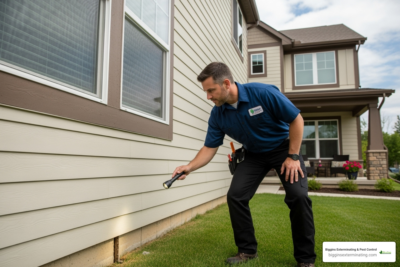 professional technician inspecting the exterior of a home - household pest control services