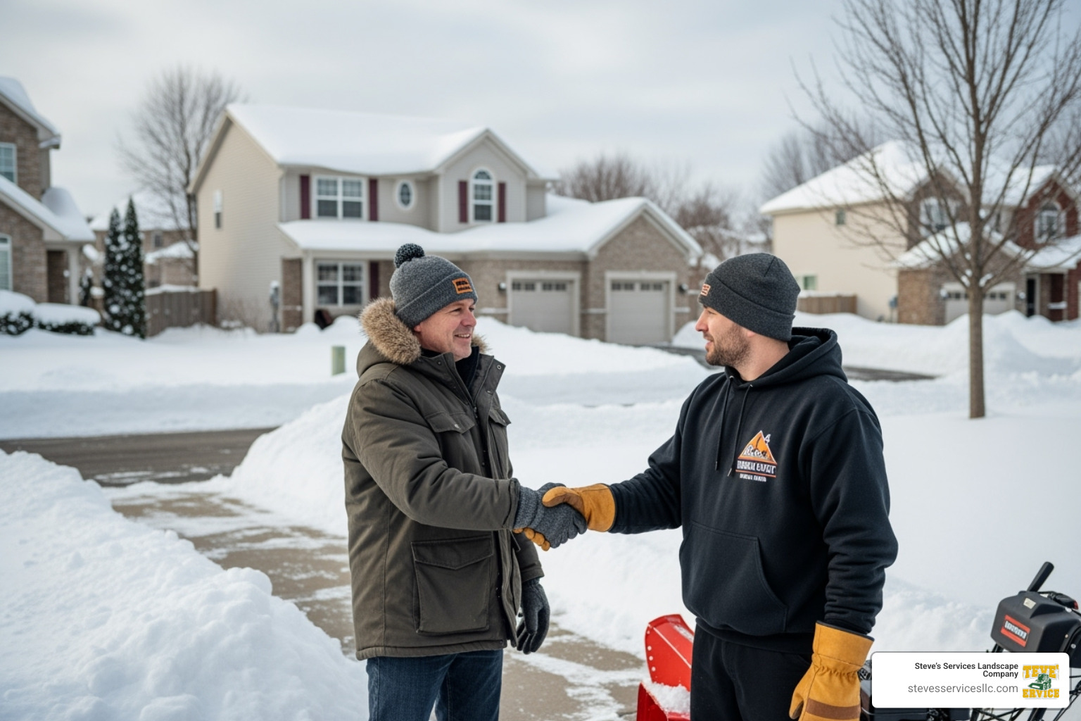 homeowner shaking hands with a snow removal professional - plowing services near me