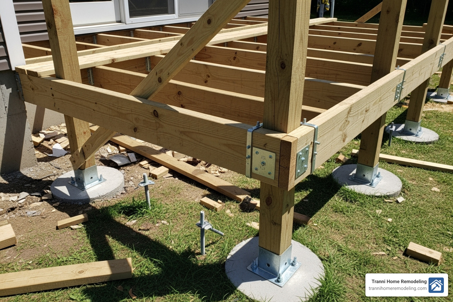 deck's structural frame being built, showing proper footings and joists - Deck building company near me