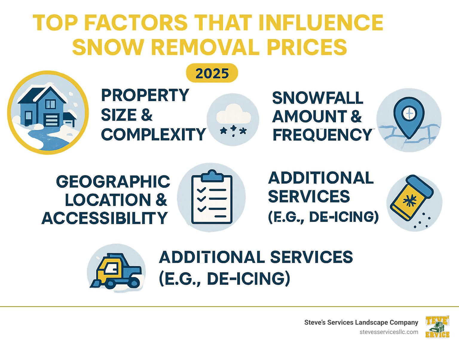 Detailed infographic showing the top 5 factors that influence snow removal prices: property size and complexity, snowfall amount and frequency, geographic location and accessibility, service type and contract structure, and additional services like de-icing - snow removal costs infographic 