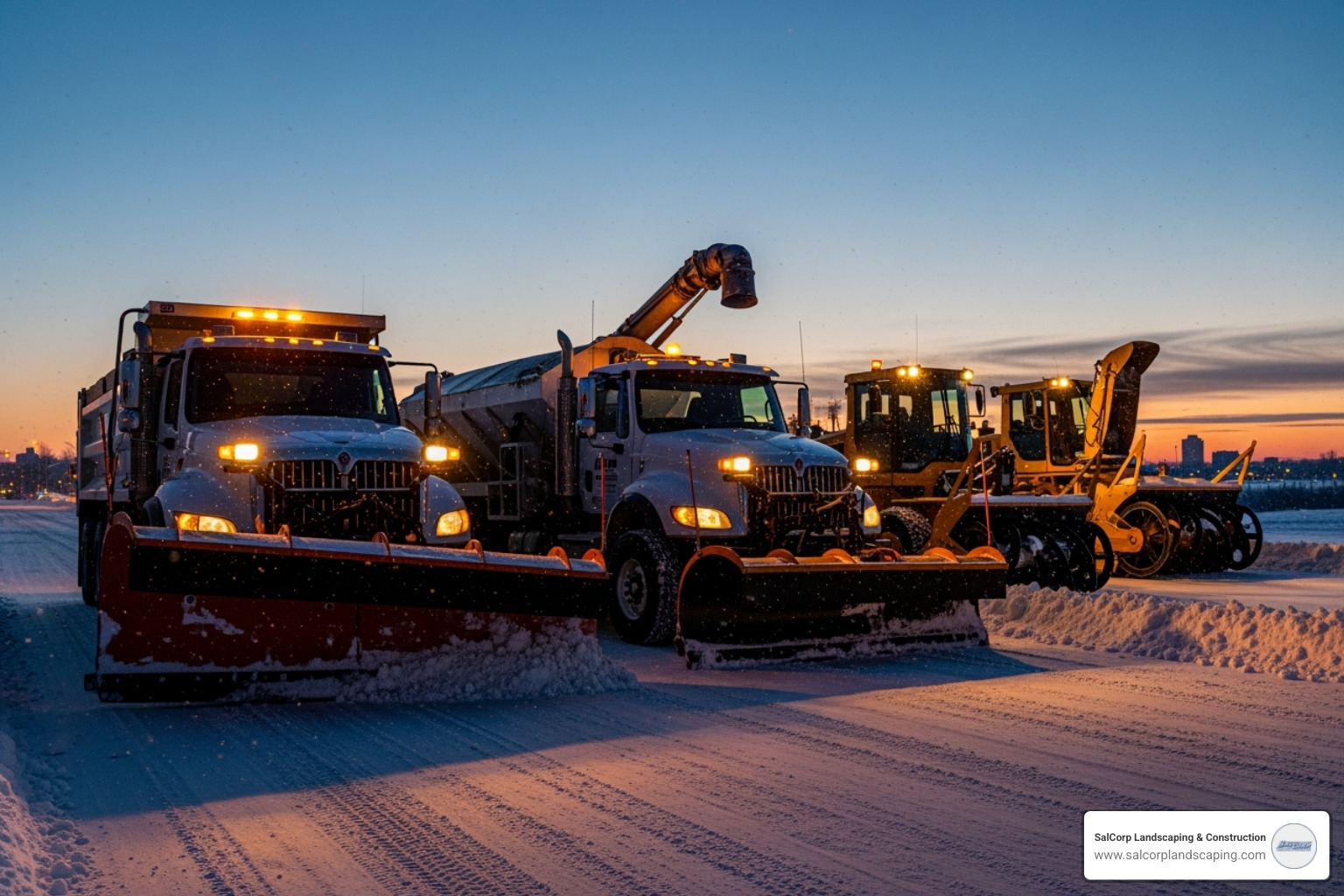 A fleet of snow removal equipment including a plow truck, a salt spreader, and a commercial-grade snow blower at dawn - business snow removal