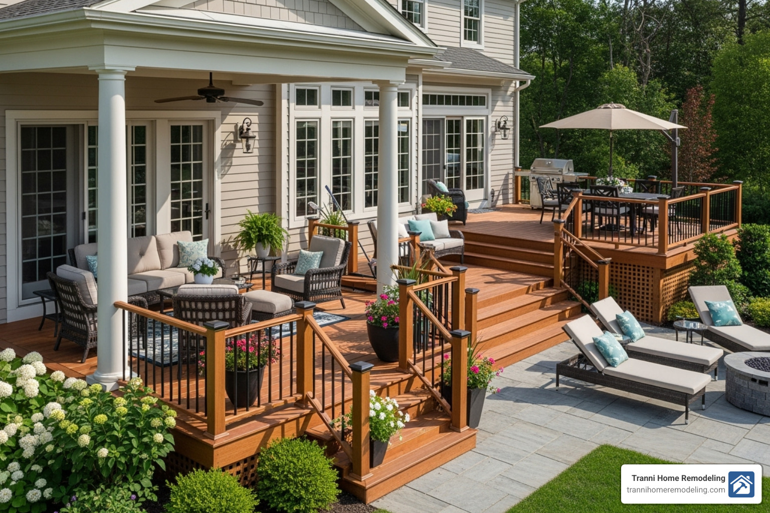 finished porch and deck combination, beautifully integrated with the home's architecture - Deck building company near me