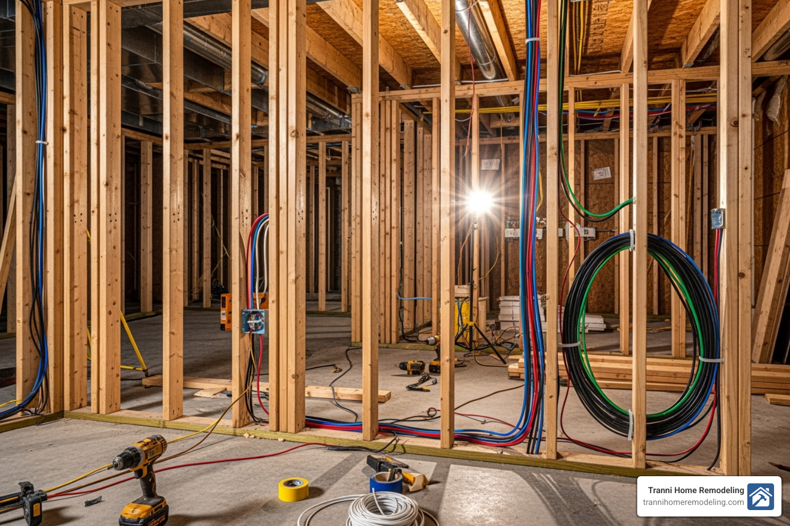 complex basement framing and electrical wiring job in progress - professional basement renovations