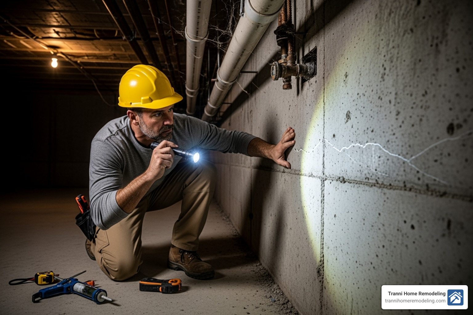 contractor inspecting a basement foundation for cracks or moisture - professional basement renovations