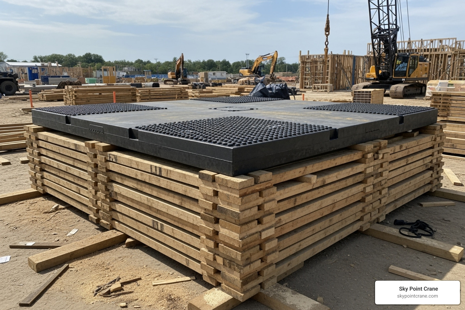 crane outrigger pads properly set on cribbing to stabilize the crane - crane safety standards