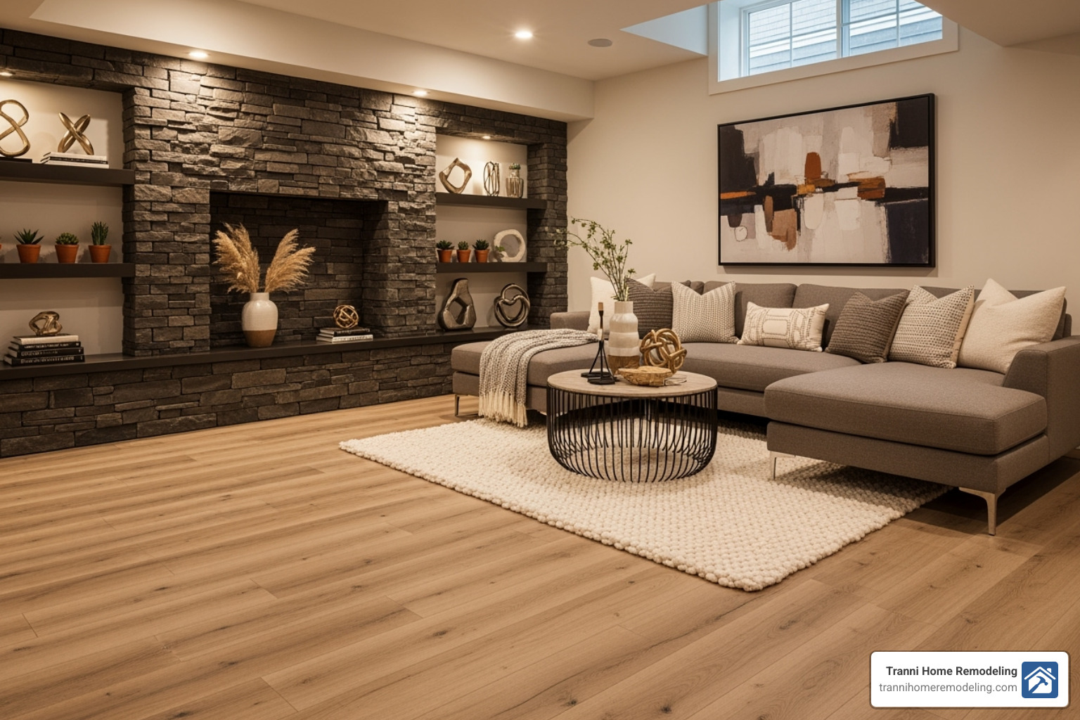 a well-lit finished basement showing different material textures like stone accent wall and luxury vinyl flooring - professional basement renovations