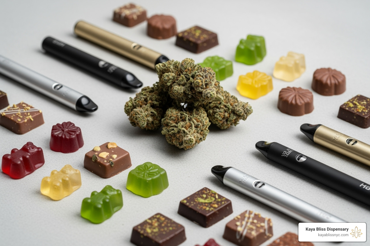 various high-quality, NY-compliant cannabis products like flower, edibles, and vapes arranged artistically - bay ridge weed delivery