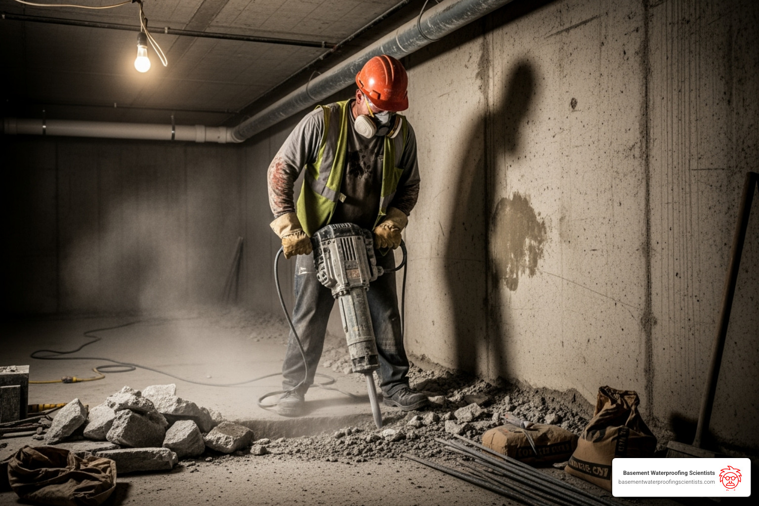 Worker using a jackhammer to create a trench along the basement wall - basement water channel Worker using a jackhammer to create a trench along the basement wall - basement water channel