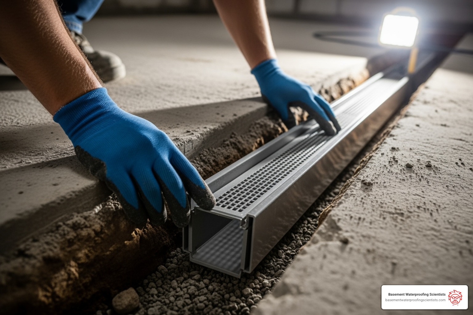 Drainage channel section being placed in the prepared trench - basement water channel Drainage channel section being placed in the prepared trench - basement water channel