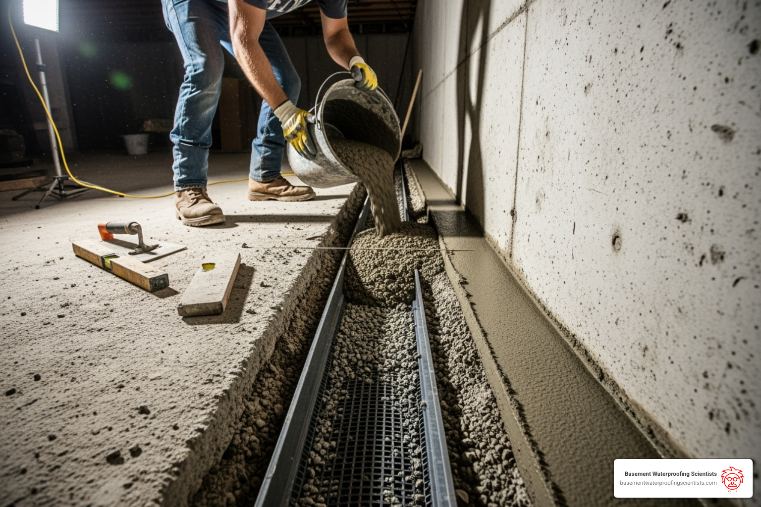 Worker pouring new concrete over the installed channel, leaving a small gap at the wall - basement water channel Worker pouring new concrete over the installed channel, leaving a small gap at the wall - basement water channel