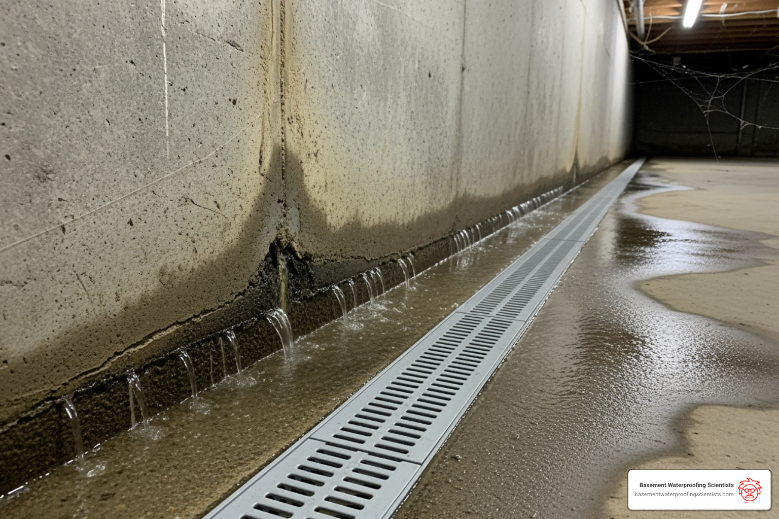 Water flowing from the wall-floor joint into a channel - basement water channel Water flowing from the wall-floor joint into a channel - basement water channel