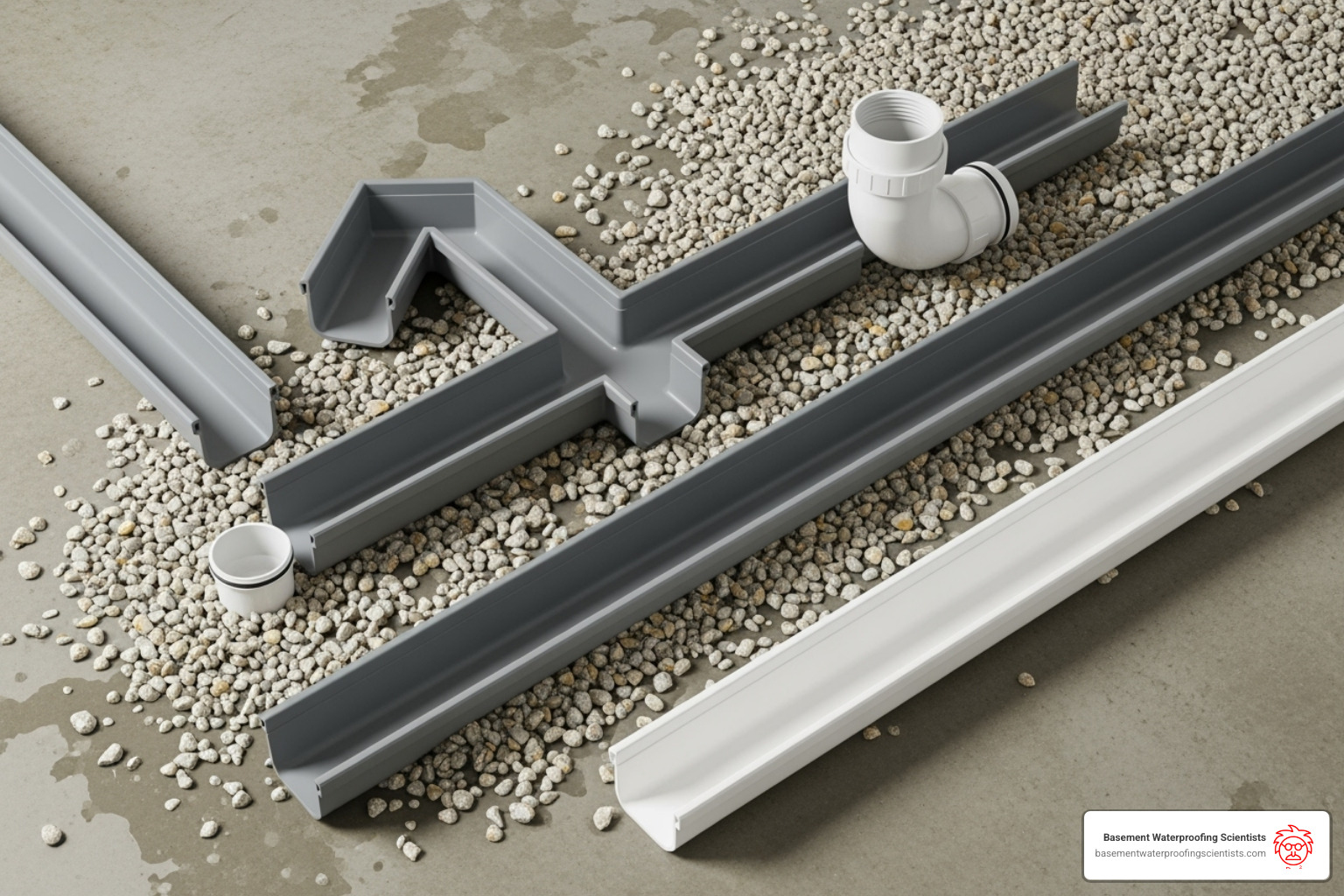 Components of a basement drainage system: channel sections, corner pieces, outlet port, drainage stone - basement water channel Components of a basement drainage system: channel sections, corner pieces, outlet port, drainage stone - basement water channel