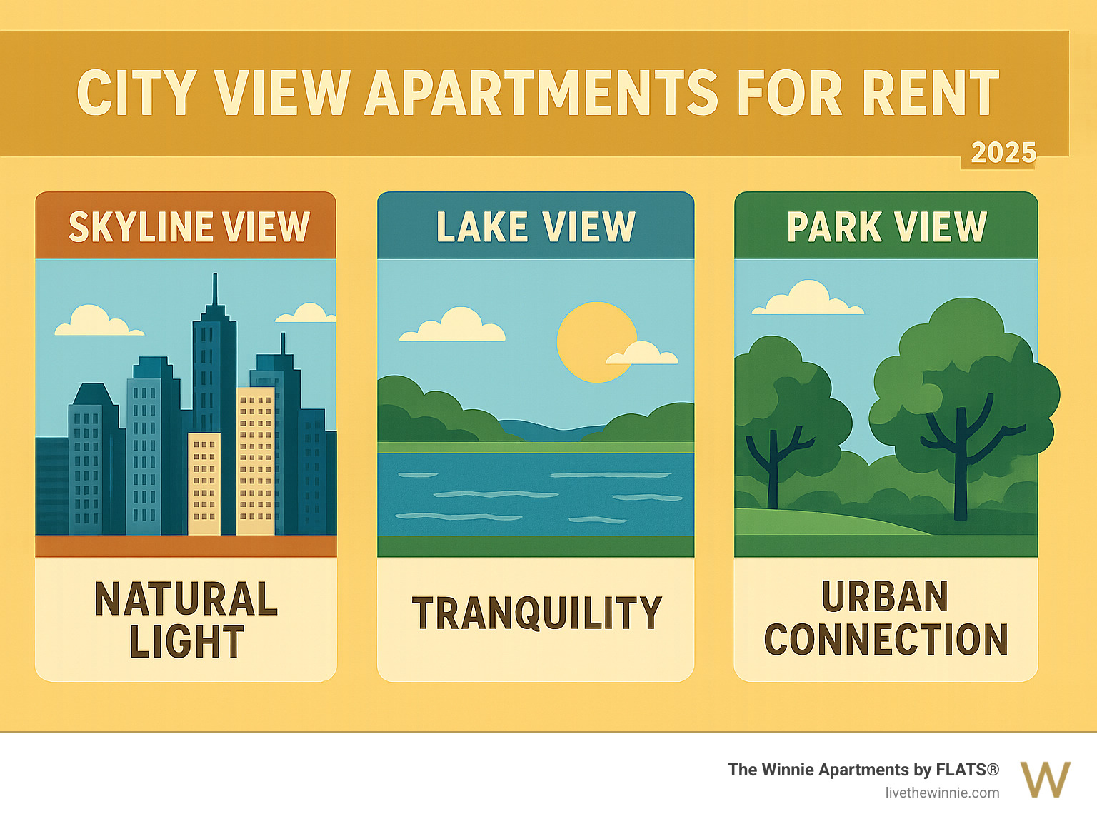 Infographic showing different types of city views available in apartments: skyline views featuring downtown buildings and architecture, lake views with waterfront and horizon lines, and park views with green spaces and tree canopies, each with distinct benefits for natural light, tranquility, and urban connection - city view apartments for rent infographic 
